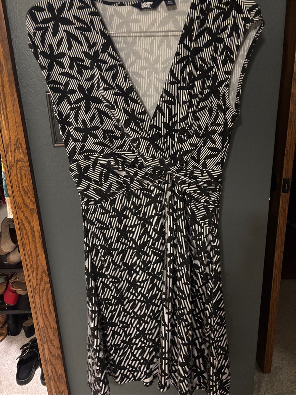Lands' End Black and White Geometric Twist-Front Midi Dress